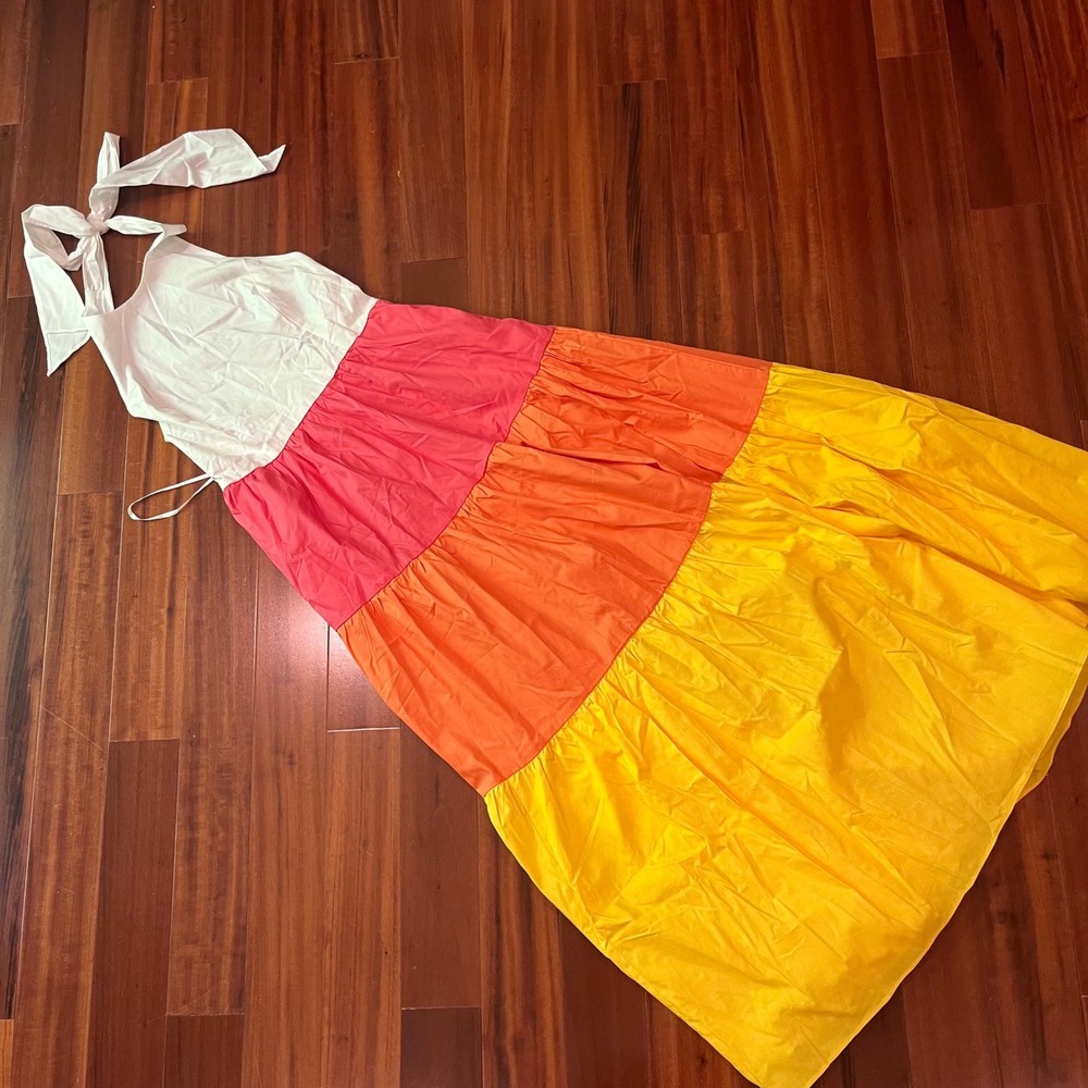 DO+BE Cotton Maxi Dress Colorblock Tier White Pink Orange Yellow Halter New S